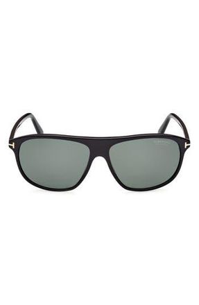 Tom Ford Prescott 60mm Square Polarized Sunglasses in Shiny Black/Logo/Green at Nordstrom Rack