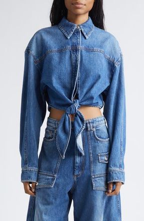 Sportmax Pevera Crop Tie Front Denim Button-Up Shirt in Midnight Blue at Nordstrom, Size 12