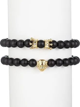 Eye Candy Los Angeles Mens Set of 2 Crown & Lion Stone Beaded Stretch Bracelets in Black at Nordstrom Rack