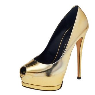 Giuseppe Zanotti Metallic Gold Mirror Leather Peep Toe Platform Pumps