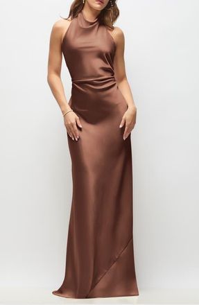 After Six Leona Bias Cut Charmeuse Halter Gown in Cognac at Nordstrom, Size 10