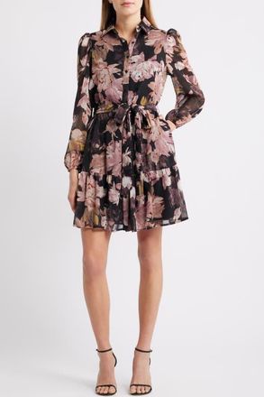 Anne Klein Long Sleeve Floral Chiffon Shirtdress in Anne Black Multi at Nordstrom, Size 14