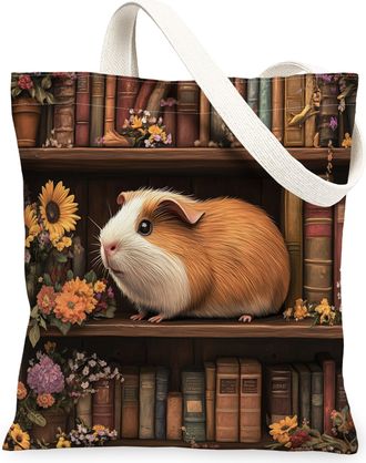 Generic Spring Guinea Pig Canvas Tote Bag for Shopping 13x15, Flower Bookshelf Animal Reusable Grocery Print Bag for Women, Fun Scenic Beach Aesthetic Paintin