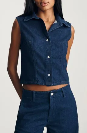 Mavi Bria Sleeveless Crop Denim Shirt in Dark Linen Denim at Nordstrom, Size Medium