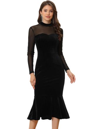 Allegra K Top in velluto da donna slim fit a maniche lunghe con spalle scoperte, Nero , L