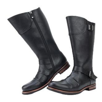 Generic Mens PU Leather Knight Boots with Side Zipper Low Block Heel Long Boots Round Toe Knee High Boot with Buckle,Black,5.5 UK