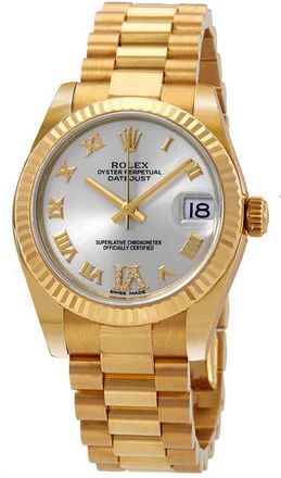 Rolex Datejust Silver Diamond Dial Automatic Ladies 18kt Yellow Gold President Watch 178278SRDP
