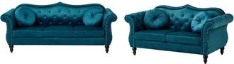 Beliani Living Room Set Teal Velvet 2 Seater 3 Seater Nailhead Trim Button Tufted Throw Pillows Rolled Arms Glam SKIEN