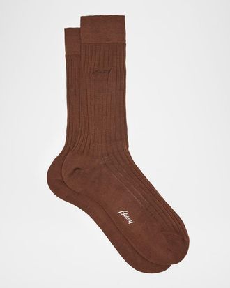 Brioni Mens Ribbed Cotton Crew Socks