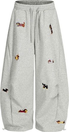 Generic Womens Wide Leg Sweatpants with Dog Embroidery, Elastic Waist, Side Pockets, Loose Fit Casual Trousers for Sports, Workout, Outdoor Grey