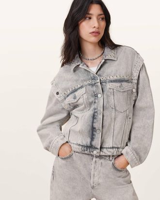 AllSaints Cotton Chlo Studded Denim Jacket, Size: UK 16/US 12