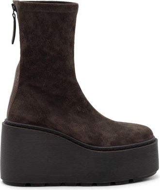 Vic Mati&eacute; F20 Zeppa Stripy - Donkerbruine enkellaars met ritssluiting in stretch su&egrave;de - Dames - Sleehakken - Bruin - 39 EU - Su&egrave;de - Schoenen