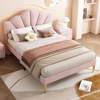 Matteo Pink Velvet Double Bed - Shell Design, Golden Legs