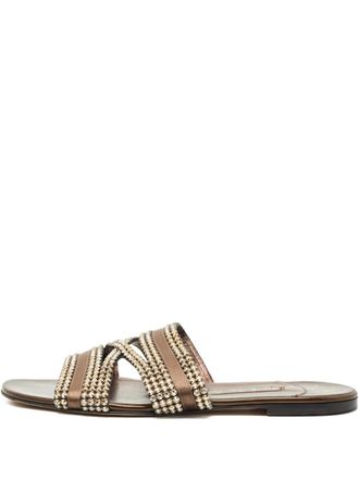 Gina crystal-embellished leather flat sandals - Brown