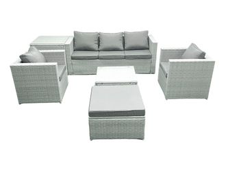 Fimous 6 Seater Rattan Garden Furniture Set with 3 Seater Sofa 2 Chair Square Coffee Table Big Footstool Side Table Light Grey Mixed
