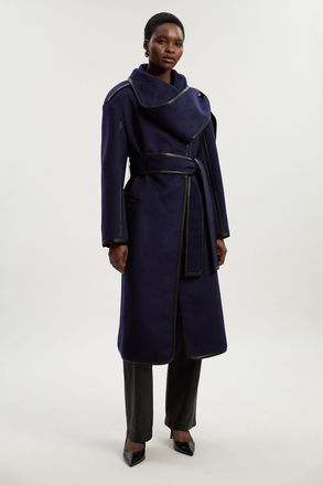 Karen Millen Womens Tall Brushed Wool Pu Mix Scarf Neck Belted Tailored Maxi Coat - Navy - Size 10 UK
