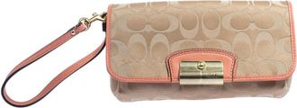 Coach Beige/orange Signature Canvas And Leather Wristlet Clutch