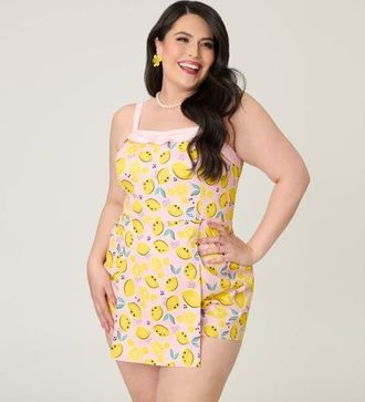 Unique Vintage Plus Size Skirted Dolly Romper in Pink & Yellow Citrus at Nordstrom, Size 2X