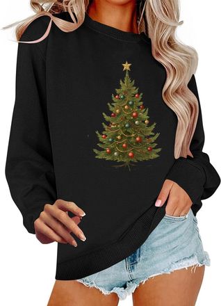 Generic Xmas Jumpers for Women Funny Novelty Graphic Christmas Sweatshirt Xmas Tree Printed Pullover Casual Long Sleeve Crewneck Sweaters Christmas Party Tops