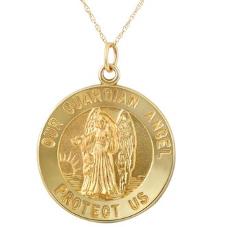 Pompeii3 14k Yellow Gold Guardian Angel Medal Pendant 1 Tall 3.5 Grams