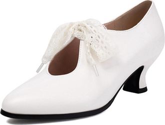 Generic Womens PU Leather Pumps Pointed Toe Low Stiletto Heel Lace Bow Decoration Cutout Design Soft Lining Reinforced Stitching Stylish Shoes,White,6.5 UK