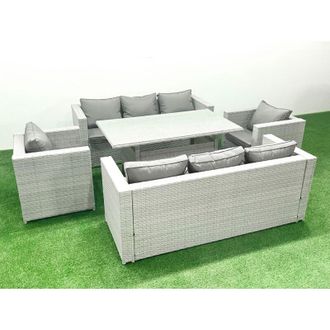 Fimous Rattan Garden Furniture Set Outdoor 8 Seater Patio Dinin g Sofa Sets with Dining Table 2 Chairs Light Grey Mixed - Fimous