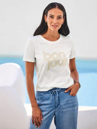 Heine T-Shirt HEINE Shirt, Damen, Gr. 34, ecru, 95% Baumwolle, 5% Elasthan, bedruckt, gemustert, mehrfarbig, Rundhals, Shirts T-Shirt