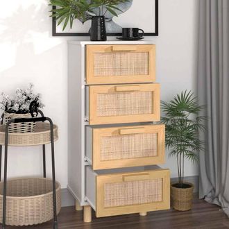 Berkfield Home Sideboard White 40x30x90 cm Solid Wood Pine & Natural Rattan | Size: 40 x 30 x 90 cm