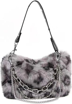 Generic Compatible For Fur Leopard Shoulder Bag Womens Autumn Ladies Print Clutch Purses Fluffy Top Handle Bags(Grey)