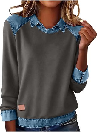 Generic Going Out Tops for Women UK, Ladies Jumpers Sweatshirts Long Sleeve Tops Women UK Trendy Denim Patchwork Tunics Blouse Going Out Slim Fit Pullover Shi