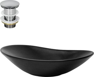 ECD Germany Lavabo cer&aacute;mico 630x360x155 mm ovalado con juego de desag&uuml;e plateado