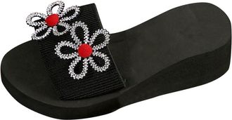 Generic Red Round Toe Rhinestone Flower Slippers for Women Open Toe Thick Bottom Wedge Heel Comfortable