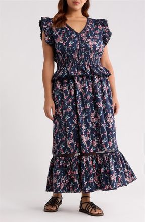 Treasure & Bond Floral Flutter Sleeve Peplum Maxi Dress in Navy Lilibet Floral at Nordstrom, Size 2X