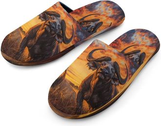 Generic Cape Buffalo And Lion Sunset Mens Flannel Slipper Soft Comfy House Shoes Non Slip Winter Warm Indoor Outdoor Slippers