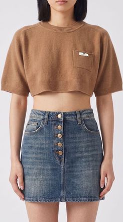 Elisabetta Franchi Maglia cropped in lana e cashmere con logo a contrasto