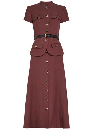 Self Portrait Peplum Belted Woven Midi Dress - Brown - 10 (UK10 / S)