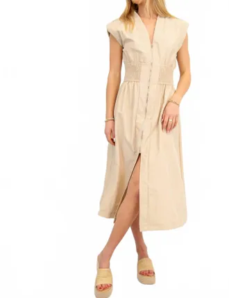 Glam Madelyn Deep V Zipper Front Midi Dress In Taupe