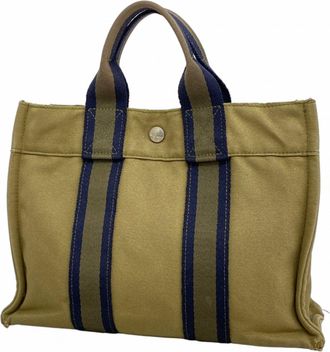 Herm&egrave;s Khaki Canvas Tote Bag (Pre-Owned)