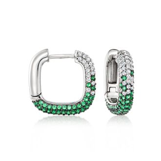 Ross-Simons Italian. Simulated Emerald and. CZ Square Hoop Earrings in Sterling Silver