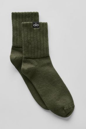 Alo | Half-Crew Scrunch Socks in Green Olive, Size: Small