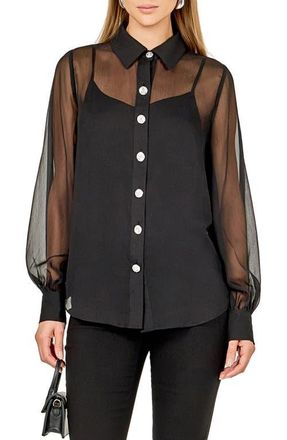 endless rose Volume Sleeve Sheer Shirt in Black at Nordstrom, Size X-Small