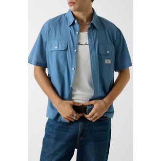 Guess Boxi Crop Short Sleeve Cotton Button-Up Shirt in Blue at Nordstrom, Size Xx-Large