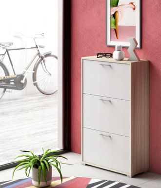 Dmora Zapatero Peonia, Mueble De Entrada Polivalente Con 3 Puertas Abatibles, Zapatero De Doble Profundidad, 100% Made In Italy, Cm 67x28h112, Blanco Y Olmo