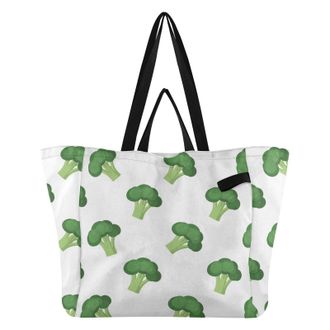 Generic Broccoli Vegetable White pattern Reusable Canvas Tote Bag, Heavy Duty Grocery Shopping Bag with Large Capacity Double Handles Hard Bottom Work Groceri