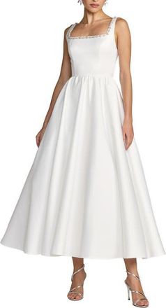 Mac Duggal Beaded Satin Sleeveless Midi Dress With Pockets in Ivory at Nordstrom, Size 12