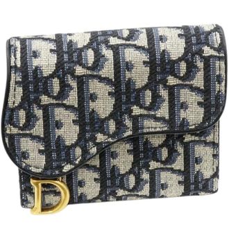 Dior Pre-owned Wallets, female, Blue, Size: ONE SIZE Pre-owned Saddle Lotus Wallet Oblique Jacquard Compact Trifold Wallet