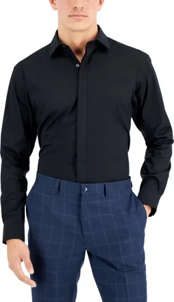 Alfani Dress Shirt Mens Black Stretch Regular Fit Convertible-Cuff FTS1669