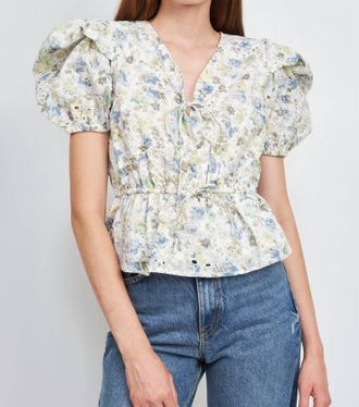 En Saison Eliza Eyelet Blouse In Olive Multi