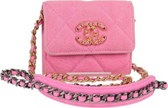 Chanel 19 Flap Coin Purse With Chain Quilted Denim Pink Canvas Bag (Pre-Owned)