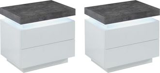 Vente-Unique Conjunto de 2 mesitas de noche - 2 cajones - MDF Lacado - Con LEDs - Color: Blanco y cemento - HALO II